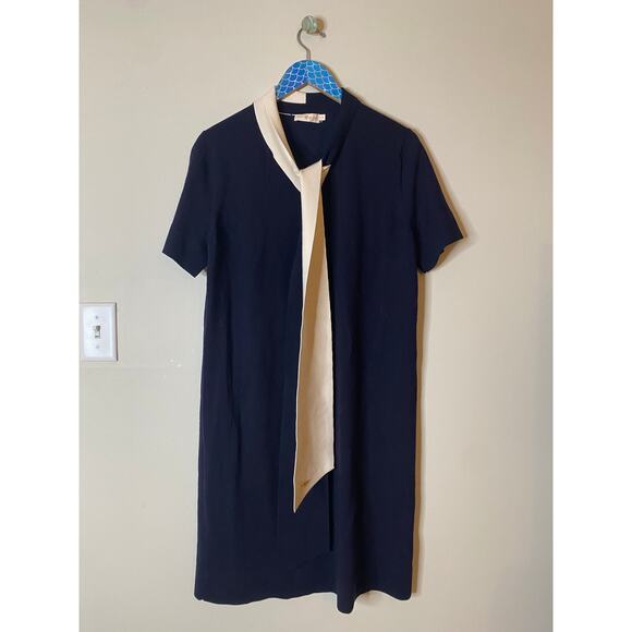 TORY BURCH Merino Blend Navy Ivory Bow Neck Shift Dress Size XL - Picture 8 of 8